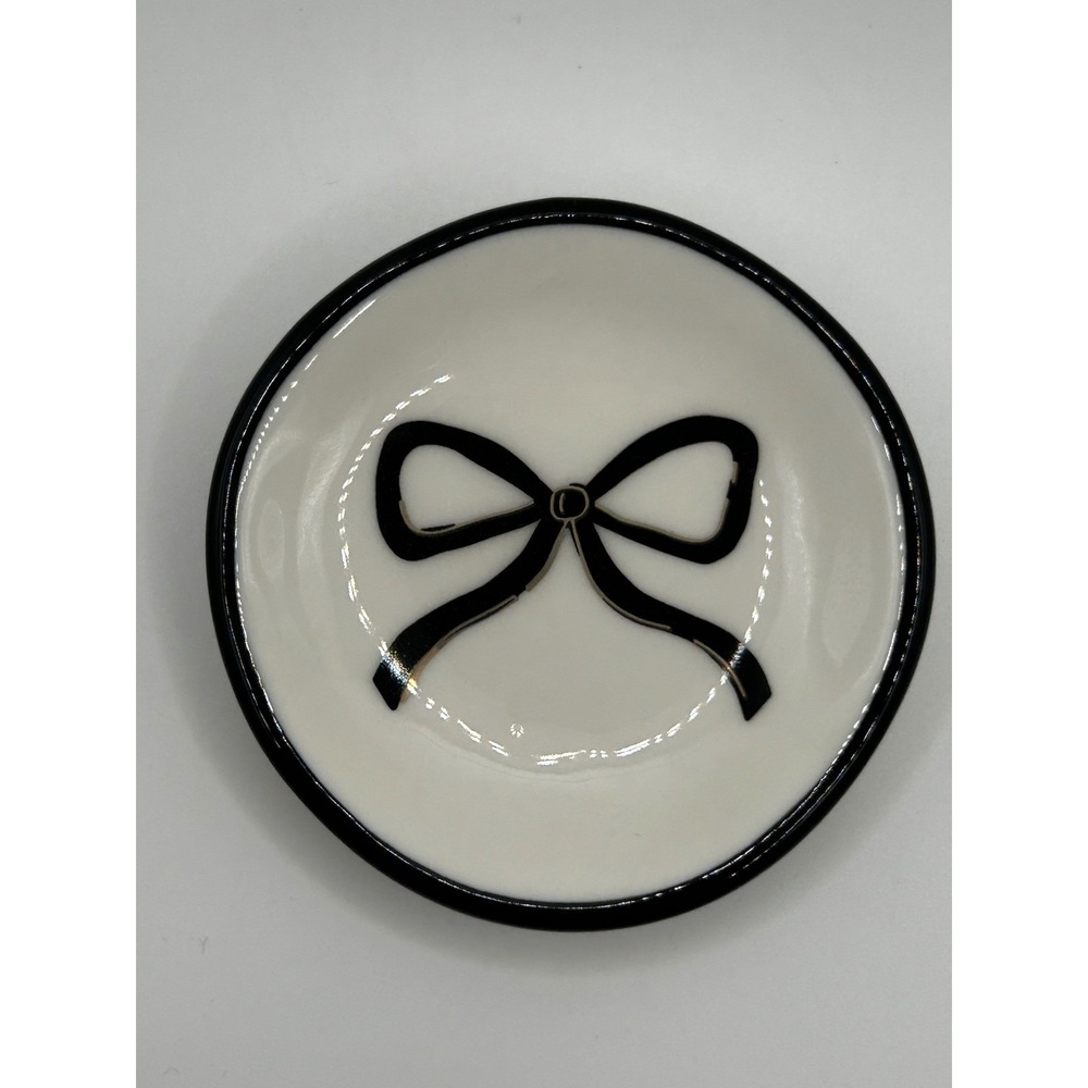 Black Bow Ceramic Trinket Dish Jewelry‎ Ring Tray White Gold - Picture 2 of 4
